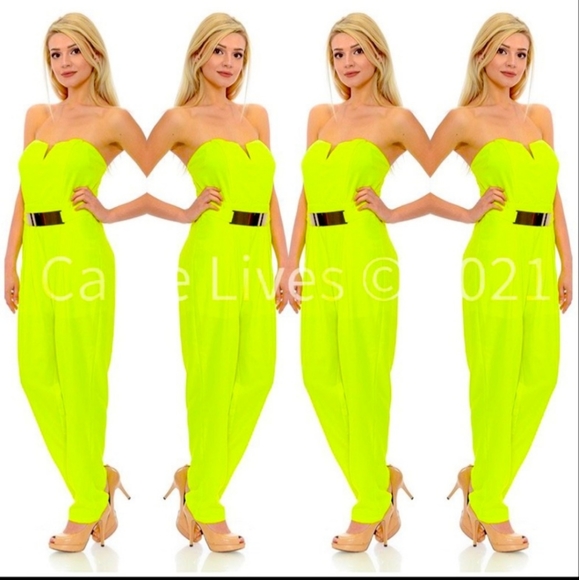 Stasia gold-plated bright neon lemon lime strapless gold buckle jumpsuit - Picture 3 of 4